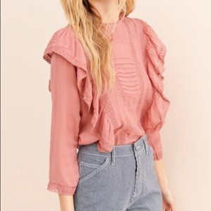 Free People Jasmine Ruffle Boho Blouse Peasant Style in Blush Pink 3/4th sleeve